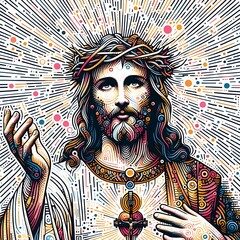 A jesus christ with a crown of thorns and a cross art lively has illustrative design card.