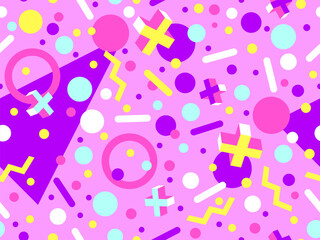 Obraz premium Geometric seamless pattern with memphis elements in 80s style. Colorful geometric pattern. Design of promotional products, wrapping paper and printing. Vector illustration