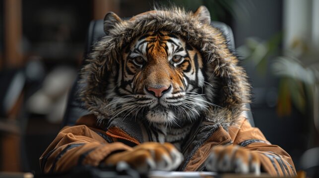 A realistic portrayal of an MVP person in an office, donning a lifelike tiger costume, complete with fur and stripes