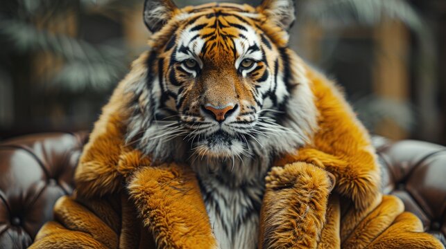 A realistic portrayal of an MVP person in an office, donning a lifelike tiger costume, complete with fur and stripes