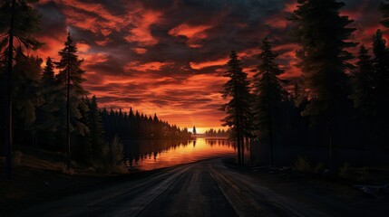 The empty road leading to the lake by sunset