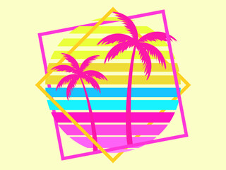Retro sci-fi palm trees from the 80s at sunset in a square frame. Retro futuristic sun with palm trees. Synthwave and Retrowave style. Design of advertising banners and posters. Vector illustration