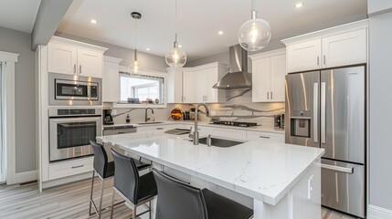 sleek modern kitchen with stainless steel appliances and quartz countertops minimalist interior design