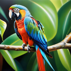 Beautiful macaw birds in rainbow colors and background.