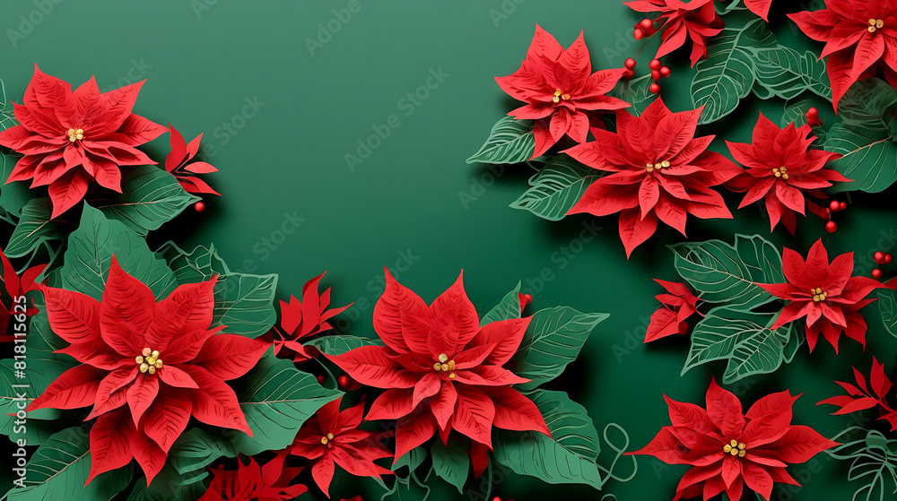 Fototapete red flower paper cut style pattern with copy space on a green background