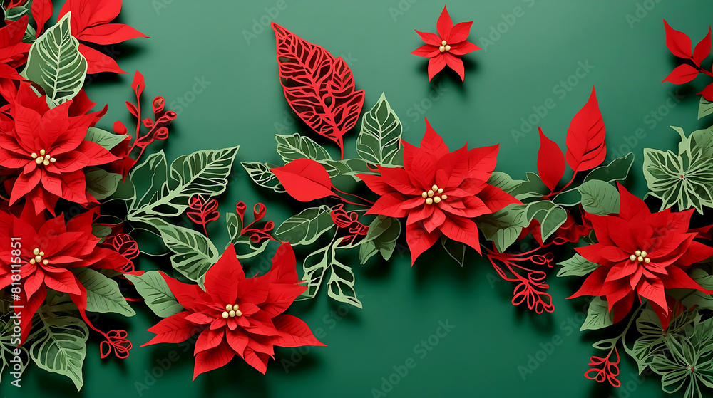 Fototapete red flower paper cut style pattern with copy space on a green background