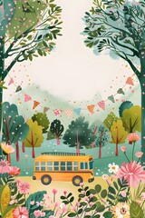 Charming Country Road with Vibrant Floral Scenery and Vintage School Bus
