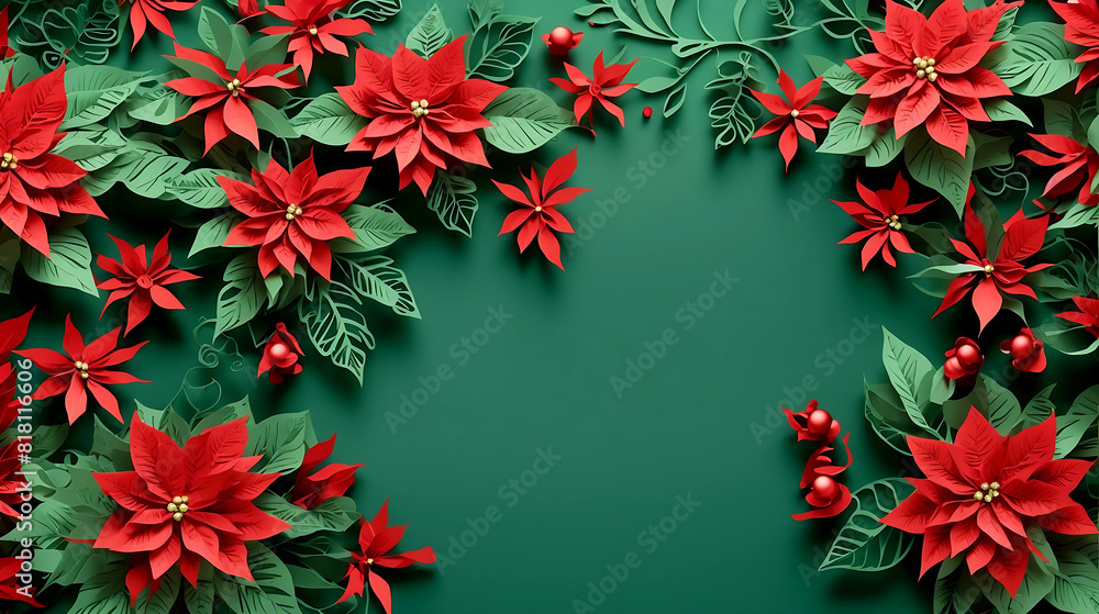 Fototapete red flower paper cut style pattern with copy space on a green background
