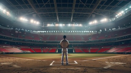 solitary baseball champion poised in grand stadium arena dramatic wideangle sports banner