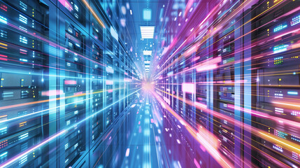 Obraz premium Digital information flows through the network and data servers behind glass panels in the server room of a data center or Internet service provider. 