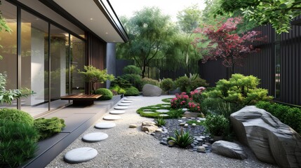 Minimalist garden with a Zen rock garden, clean-lined pathways, and low-maintenance plants