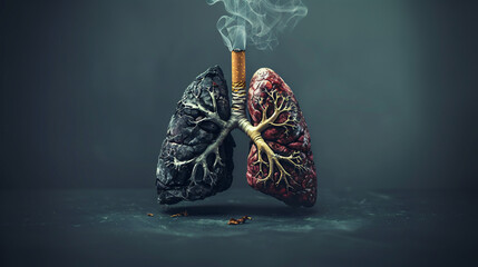 lungs with smoke damage, highlighting the adverse effects of both traditional and electronic cigarettes on respiratory health. electronic cigarettes, World No Tobacco Day