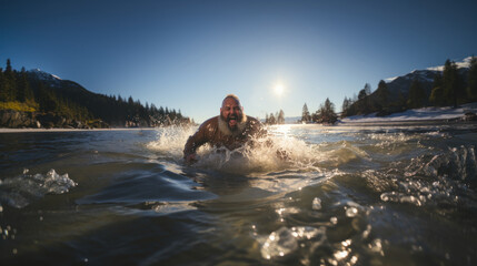 Overweight Man Swimming in Mountain Lake During Sunset Capturing Fun and Adventure