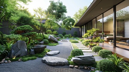 Minimalist garden with a Zen rock garden, clean-lined pathways, and low-maintenance plants