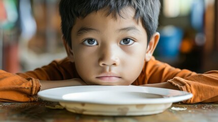 somber young boy with empty plate conceptual image of child hunger and nutritional deficiencies