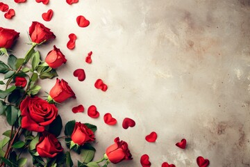 Roses and red rose petals lying on a stained, dirty, vintage, cement wall with copy space for valentines day background content.