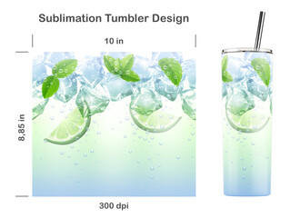 Realistic Mojito drink pattern with ice cubes, lime and mint. Seamless sublimation template for 20 oz skinny tumbler. Sublimation illustration. Seamless from edge to edge. Full tumbler wrap.
