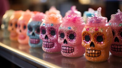 Colorful Day of the Dead Sugar Skull Dolls with Glitter and Sequins in a Row