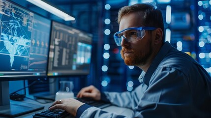 Fototapeta premium sophisticated rd center with engineers in protective glasses researching energy portrait