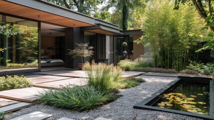 Fototapeta premium Minimalist home garden with a clean-lined water feature, gravel pathways, and sculptural plants