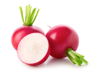 Fresh whole and half of small garden radishes on white background