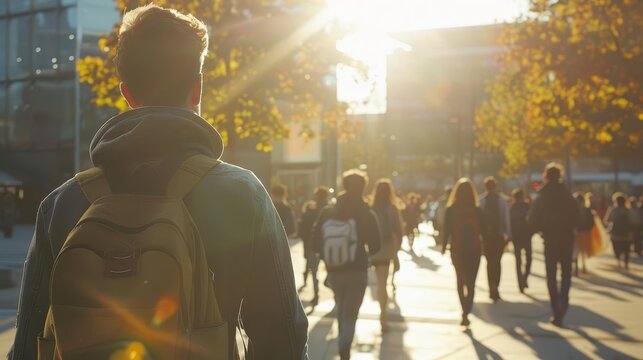 students walking into university campus busy morning rush hour scene