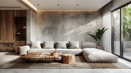 Minimalist living room featuring a low-profile sofa, wooden coffee table, and monochrome decor
