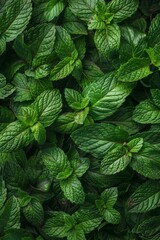 Many fresh peppermint leaves texture background, fragrant spices pattern, Mentha piperita mockup
