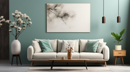 Modern Living Room with Elegant Sofa, Minimalist Artwork, and Decorative Plants