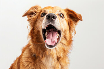 A dog with its mouth open, looking like it's laughing, isolated on a white background