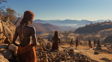 Panoramic View of Himba Women in Traditional Dress with Scenic Landscape