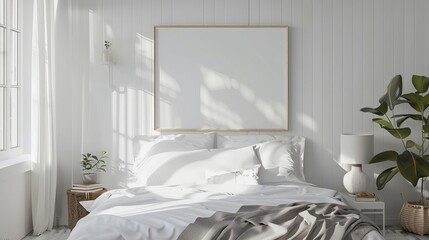 stylish mock up frame in cozy light bedroom interior 3d render