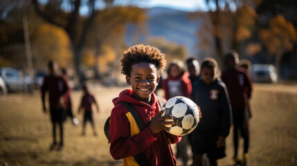 Fototapeta premium Happy Boy Holding Soccer Ball with Friends in the Background on a Sunny Day