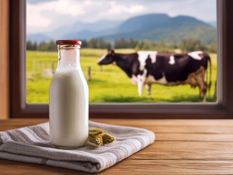 Botella de leche con vacas lecheras al fondo