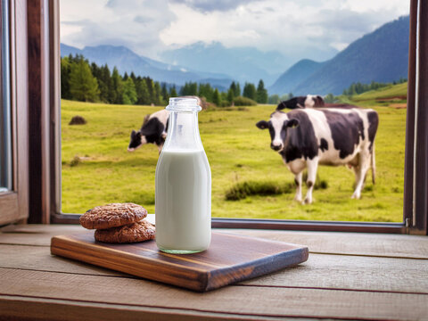 Botella de leche con vacas lecheras al fondo
