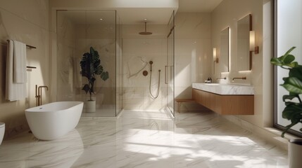 Modern bathroom with a glass-enclosed rain shower, sleek fixtures, and marble flooring