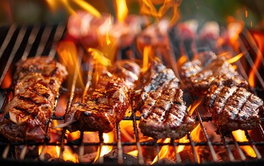 Juicy grilled meats sizzle over fiery flames on a barbecue.