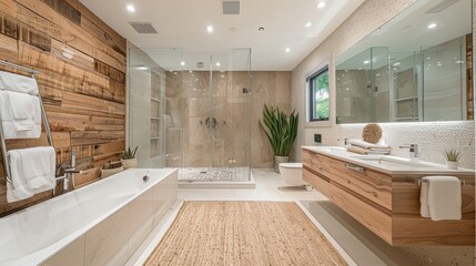 Modern bathroom with a glass partition, rainfall shower, and contemporary fixtures