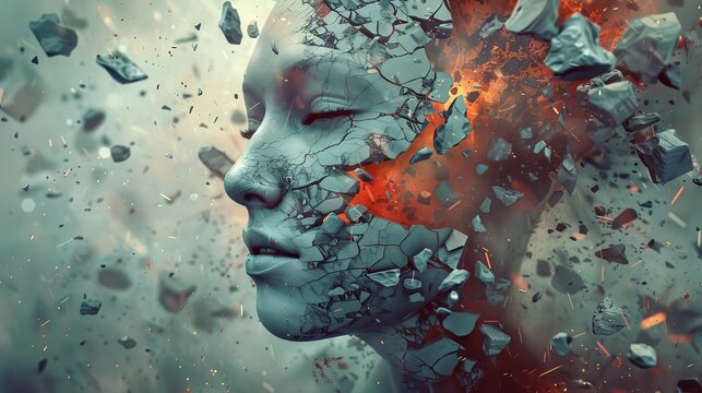surreal digital artwork of human head exploding into fragments depicting psychological turmoil and inner chaos conceptual 3d illustration