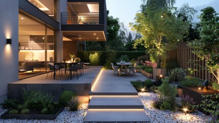 Modern garden featuring a chic outdoor dining area, minimalist planters, and integrated lighting