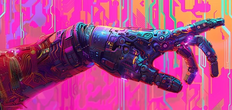 A colorful cyborg hand reaching out.