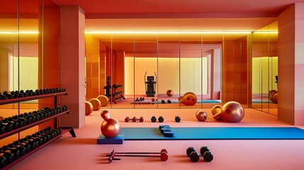 Home gym with floor-to-ceiling mirrors on one wall, reflecting the array of fitness equipment including dumbbells