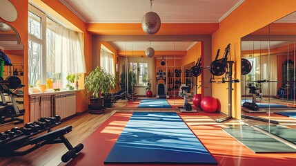 Home gym with floor-to-ceiling mirrors on one wall, reflecting the array of fitness equipment including dumbbells