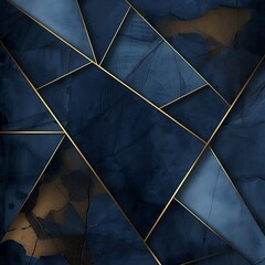 Luxurious Dark Blue Abstract Template with Geometric Triangle Pattern and Golden Striped Lines on Black Canvas Abstract
