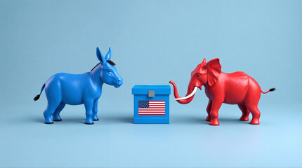 Blue donkey and red elephant representing democrat and republican us parties. Symbols in USA political debate, election, campaign, concept