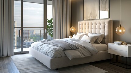 Contemporary bedroom featuring a plush bed, pendant lights, and large windows, offering a stunning cityscape view. Cozy and elegant ambiance with minimalistic decor.