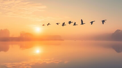 Birds in flight against the backdrop of a serene lake at dawn