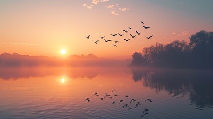 Birds gracefully soaring over a tranquil lake at dawn