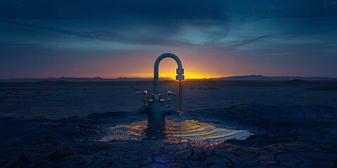 Water with blue glow flows from tap into sink,
A sink with water coming out of it and a light on it,View of fantasy landscape with surreal running water tap for world water day awareness

