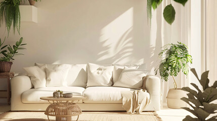 Interior of light living room with cozy white sofa 